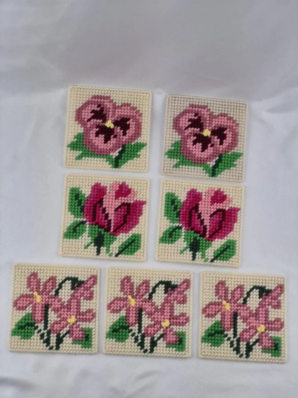 Handmade Floral Plastic Canvas Coasters Set of 16 in 7 Different Flower Patterns